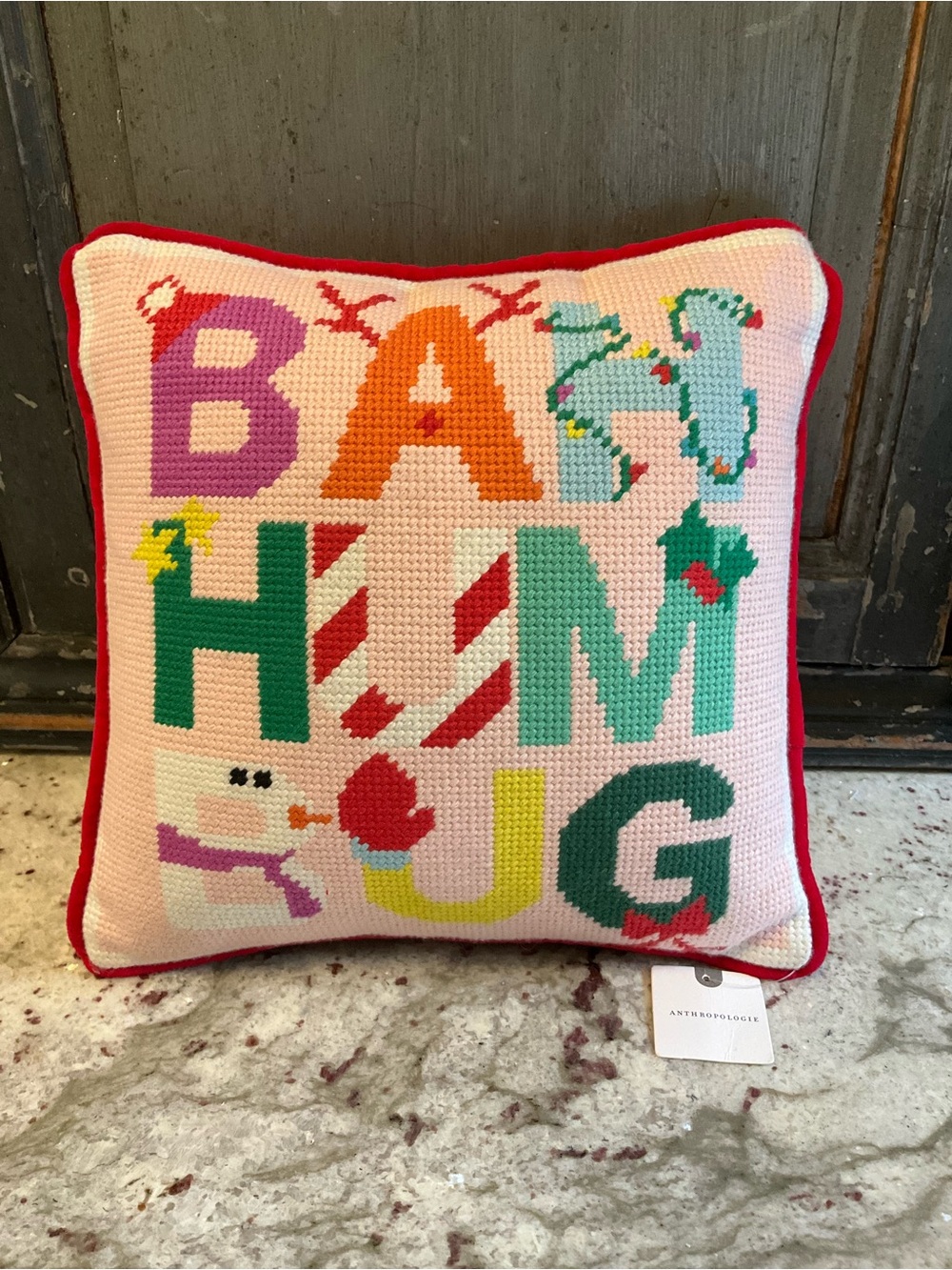 Anthropologie Pink 'Bah Humbug' Holiday Needlepoint Pillow